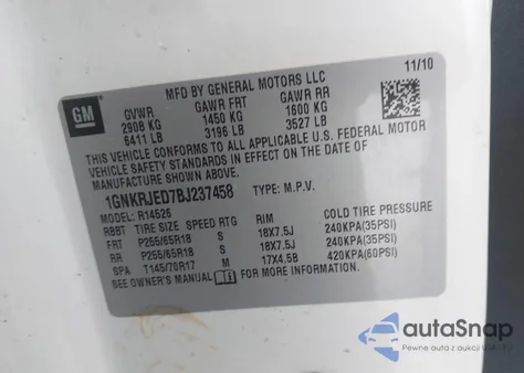 2011 Chevrolet Traverse 2Lt from USA, damaged, VIN 1GNKRJED7BJ237458